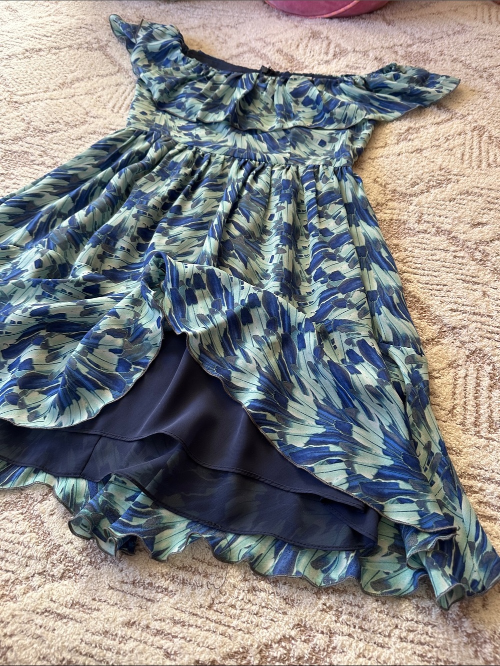 LoveShackFancy 100% Silk Blue Floral Off Shoulder Ruffle Dress Size 1 - Picture 10 of 17